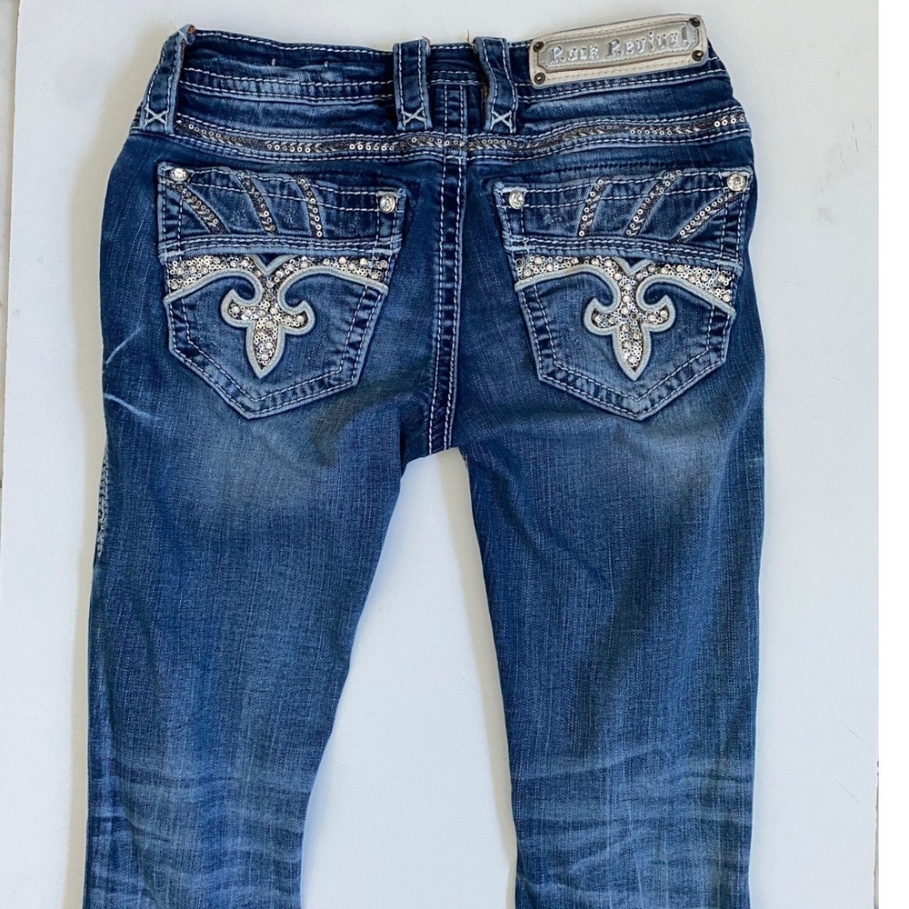 Rock Revival Darcey Crop Jeans Womens 25 Dark Wash Distressed Sequin Rhinestone - Picture 9 of 9